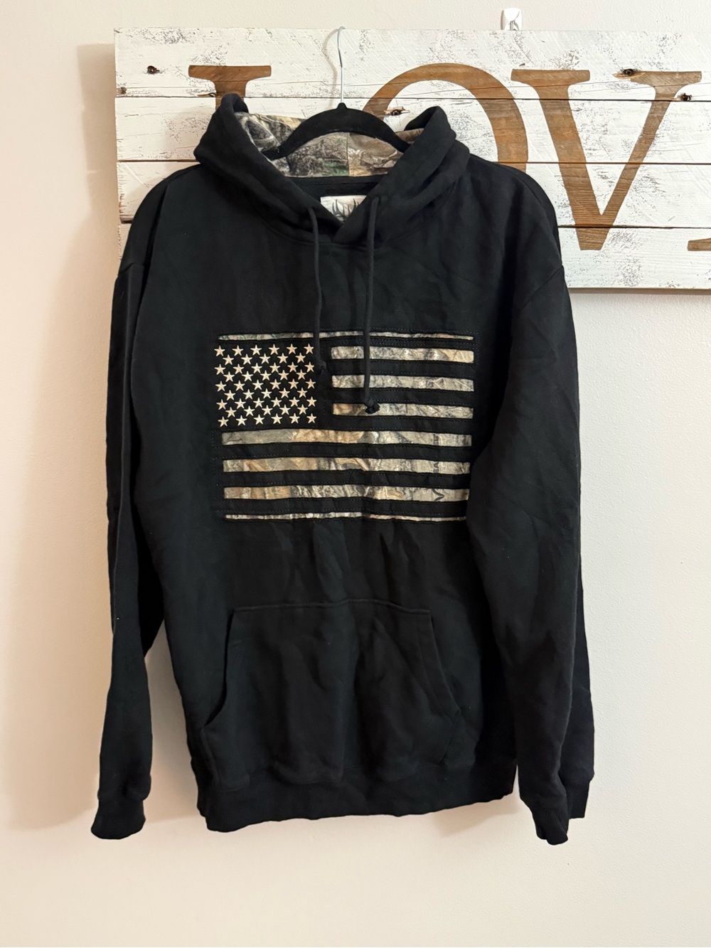 Buck Mason Black Hoodie with Faded American Flag Graphic